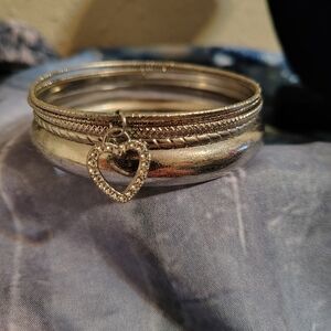 Silver Heart Charm Bangle Set